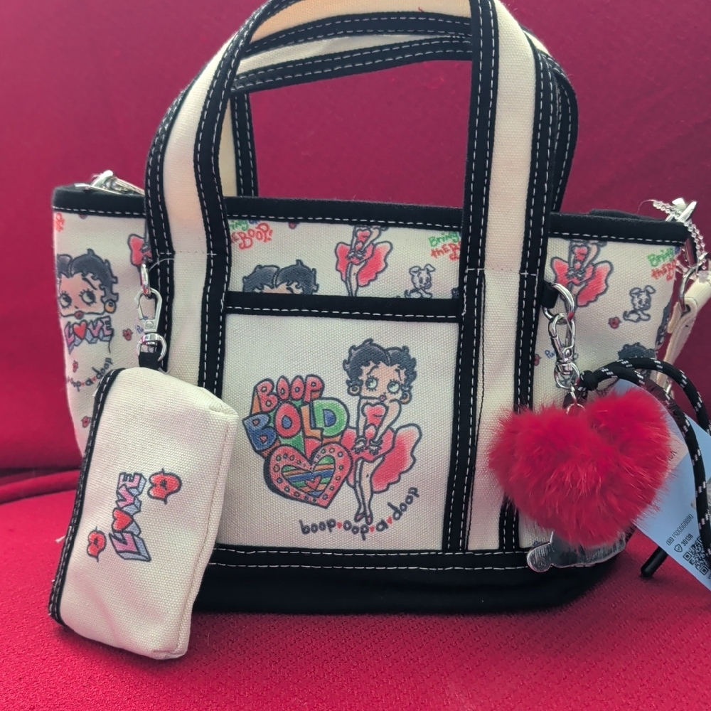 Betty Boop Cream & Black Canvas Tote with Red Heart Pom Charm